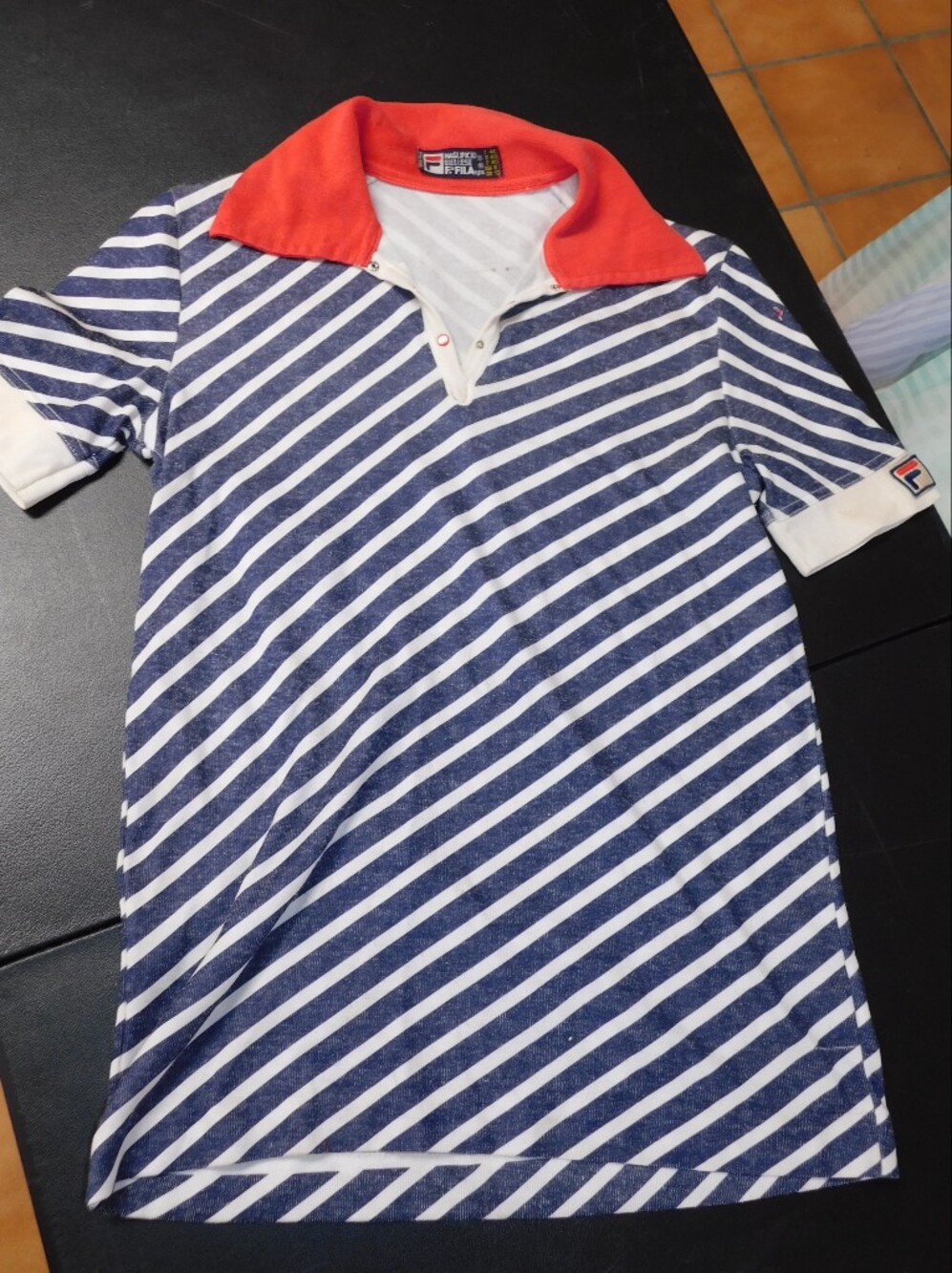 VINTAGE - Fila Kids Striped Polo Shirt - Navy & White